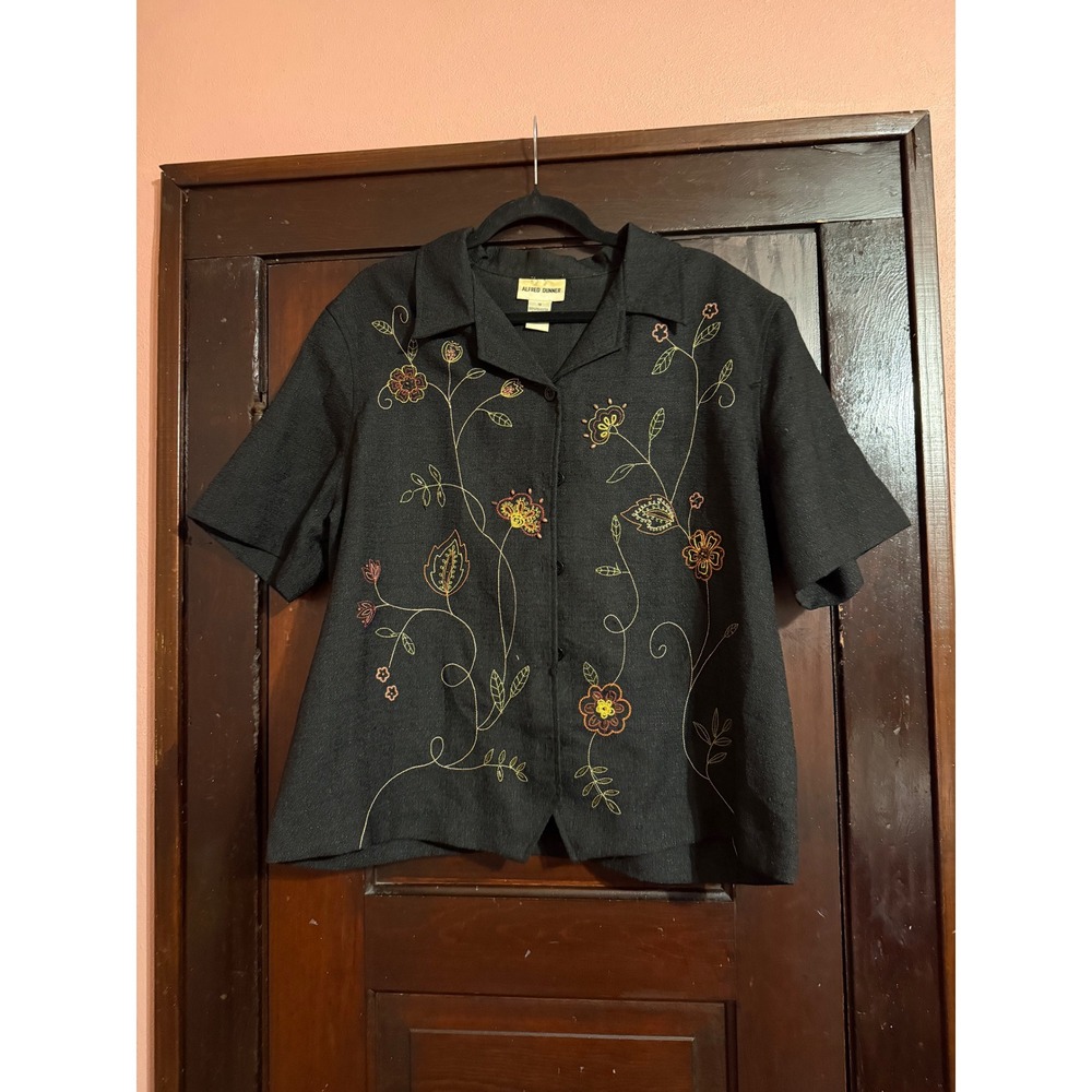 Alfred Dunner Womens Black Floral Embroidered Beaded Short Sleeve Blouse Size 18
